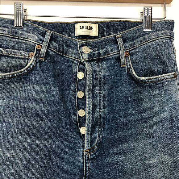 Agolde Womens Button Fly Distressed Nico Skinny Jeans Blue Size 27 - Picture 4 of 9